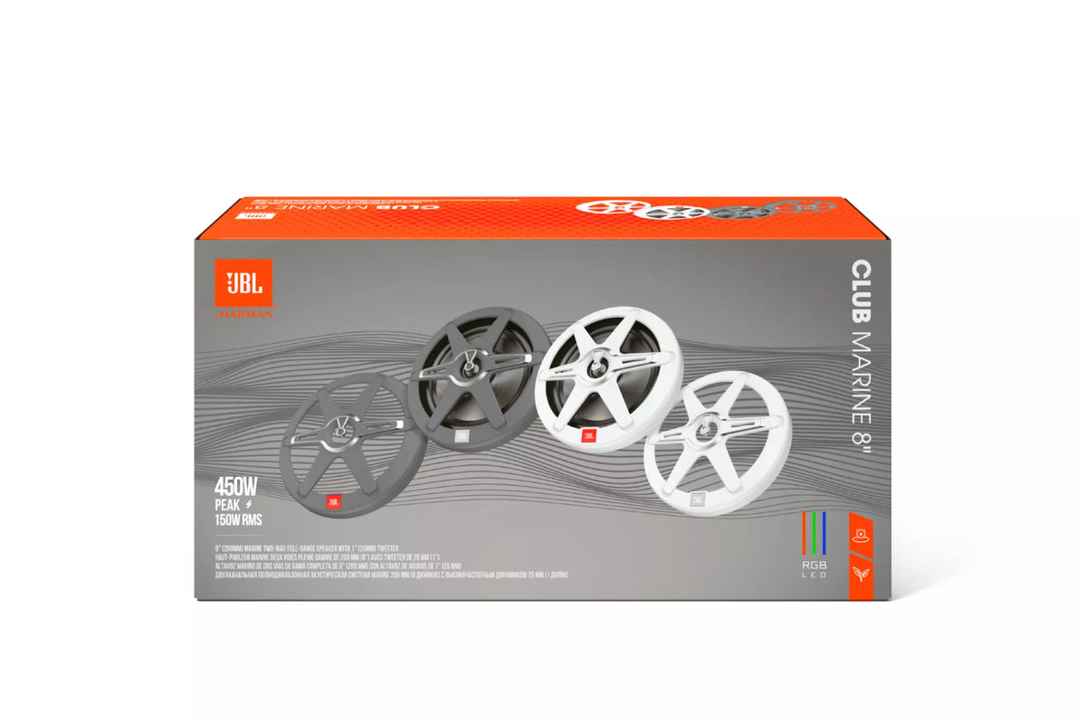 JBL Club Marine 8" (200 mm) - Altoparlanti auto Full Range a 2 vie - 150W RMS / 450 Piek - 7 LED Modes - Con griglia bianca e grigia