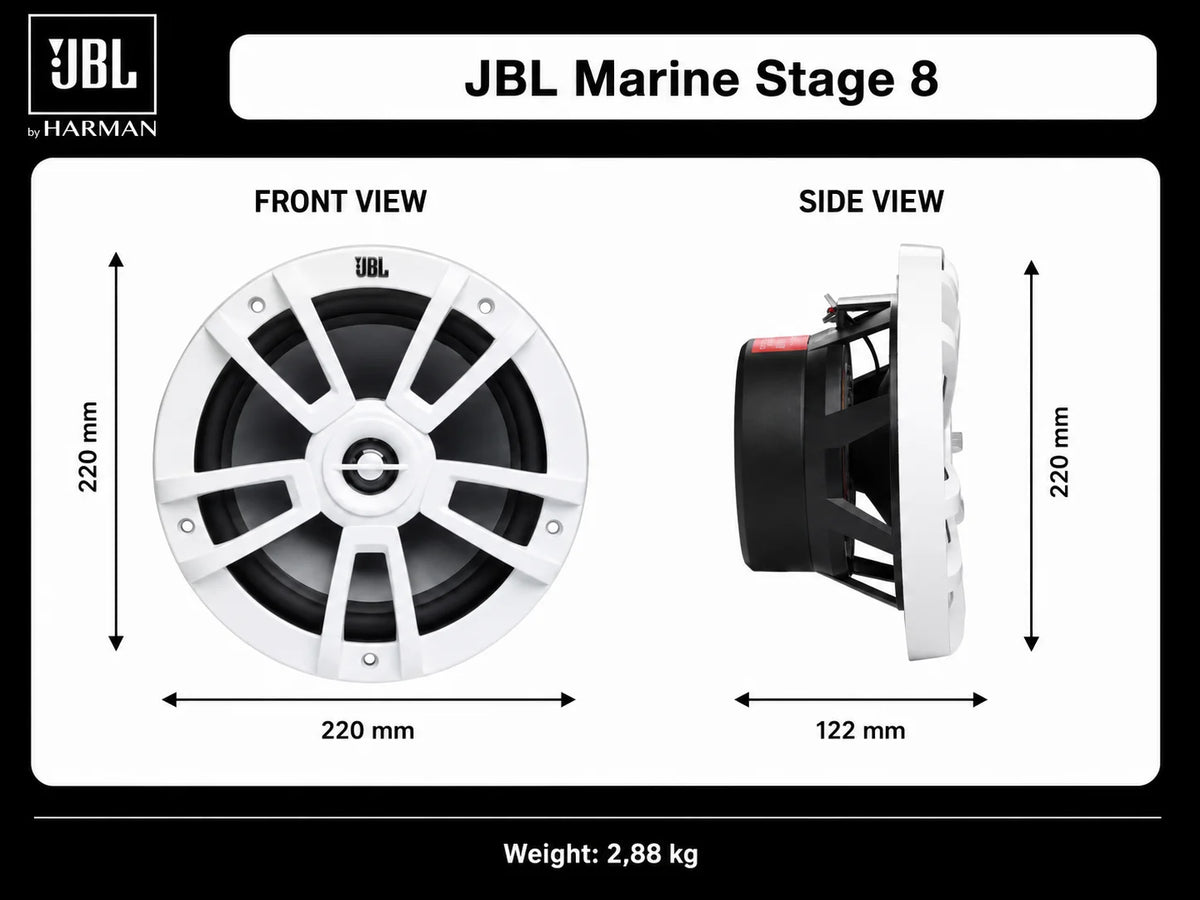 JBL Marine Stage 8 - 8" (20 cm) Altoparlante audio marino coassiale 2 vie - 125 W RMS / 375 W picco - Bianco